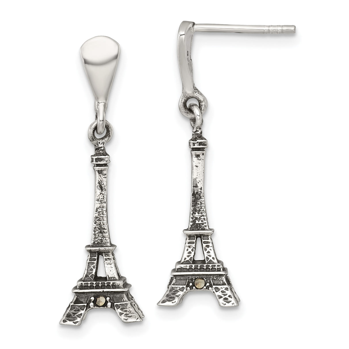 Sterling Silver Eiffel Tower Dangle Earrings with Marcasite, Paris Landmark Travel-Inspired Jewelry