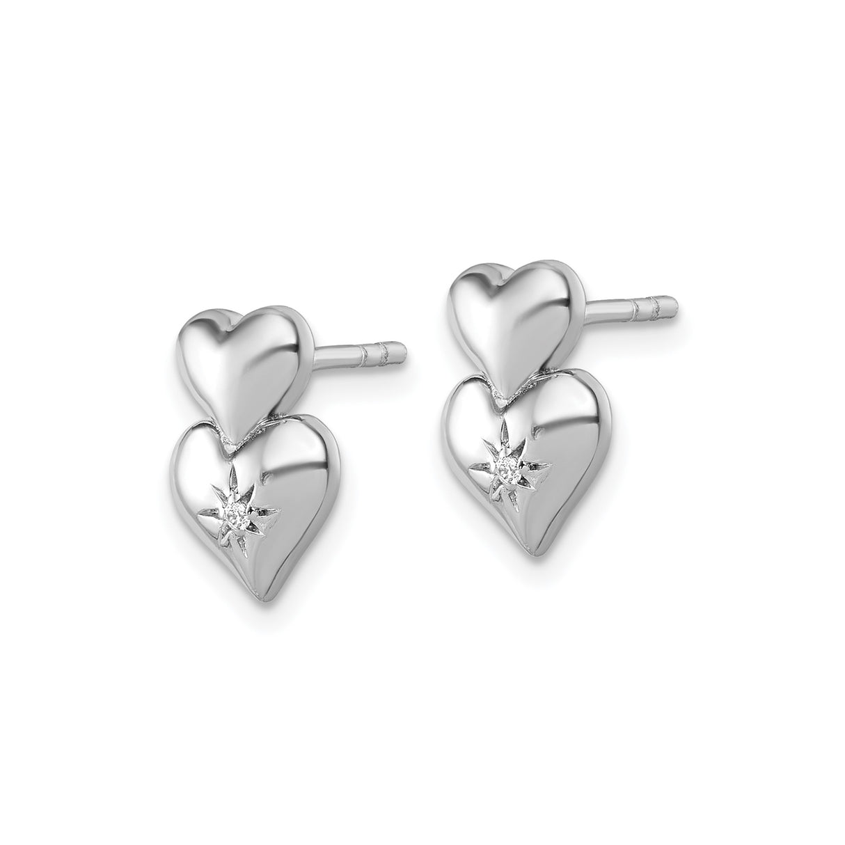 Sterling Silver Double Heart Stud Earrings with Cubic Zirconia, Starburst Accent