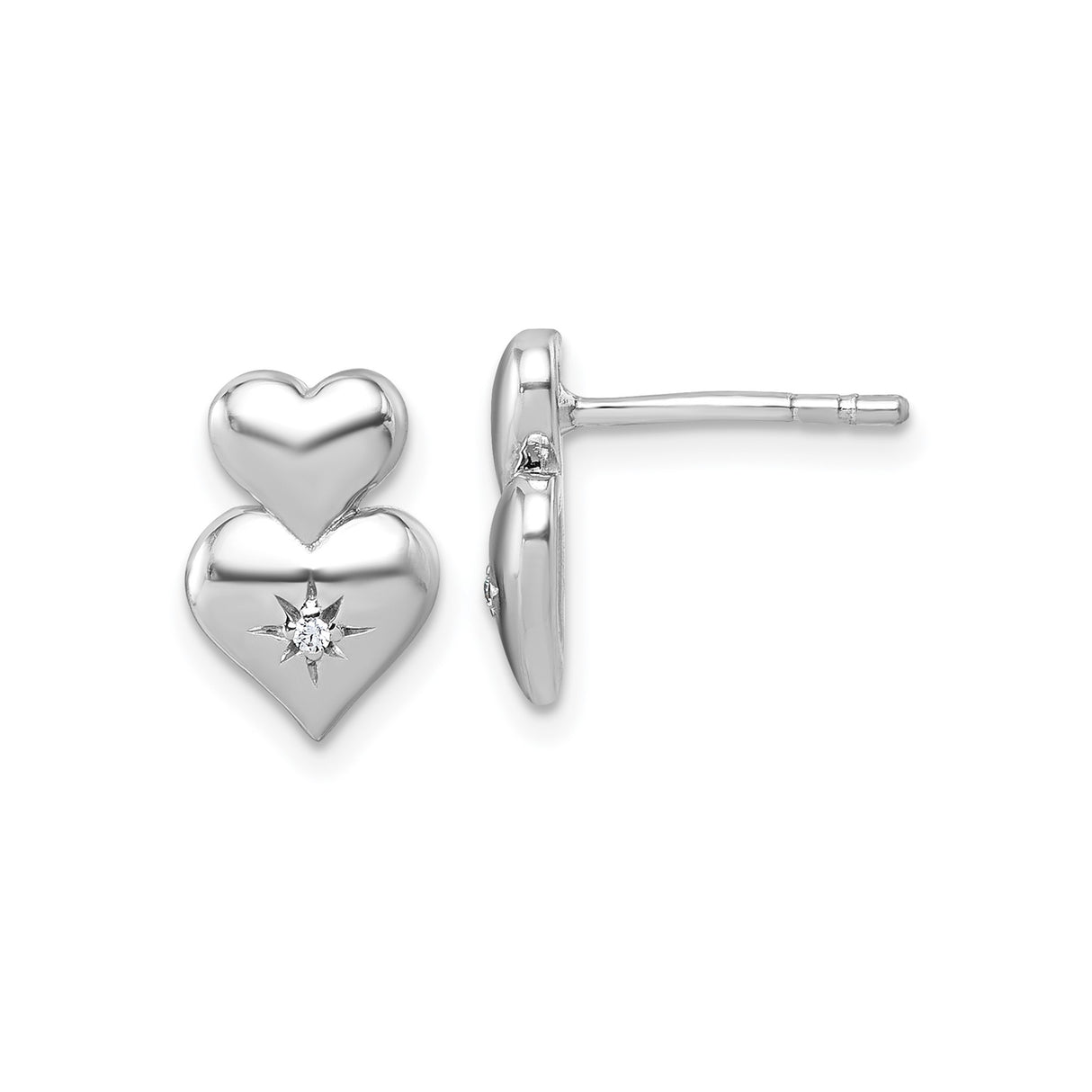 Sterling Silver Double Heart Stud Earrings with Cubic Zirconia, Starburst Accent