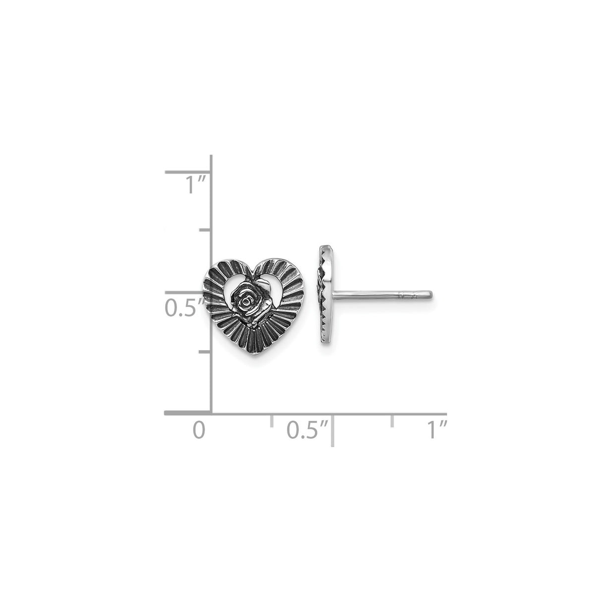 Sterling Silver Heart Stud Earrings with Rose Center, Romantic Vintage Floral Design