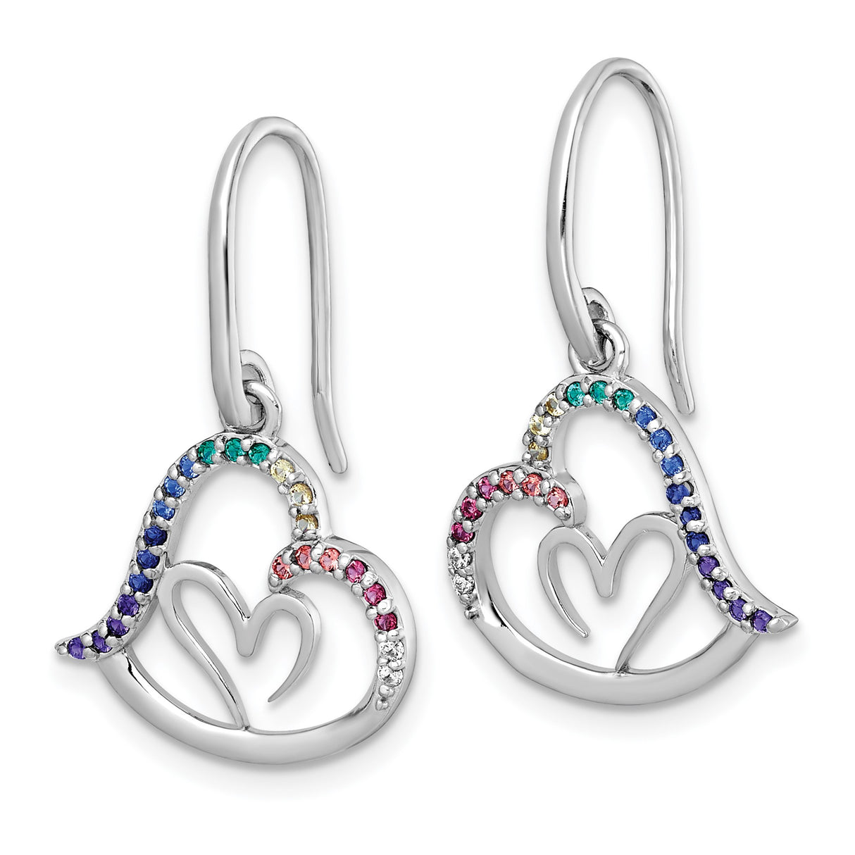 Sterling Silver Heart Shaped Dangle Earrings with Rainbow Cubic Zirconia Accents