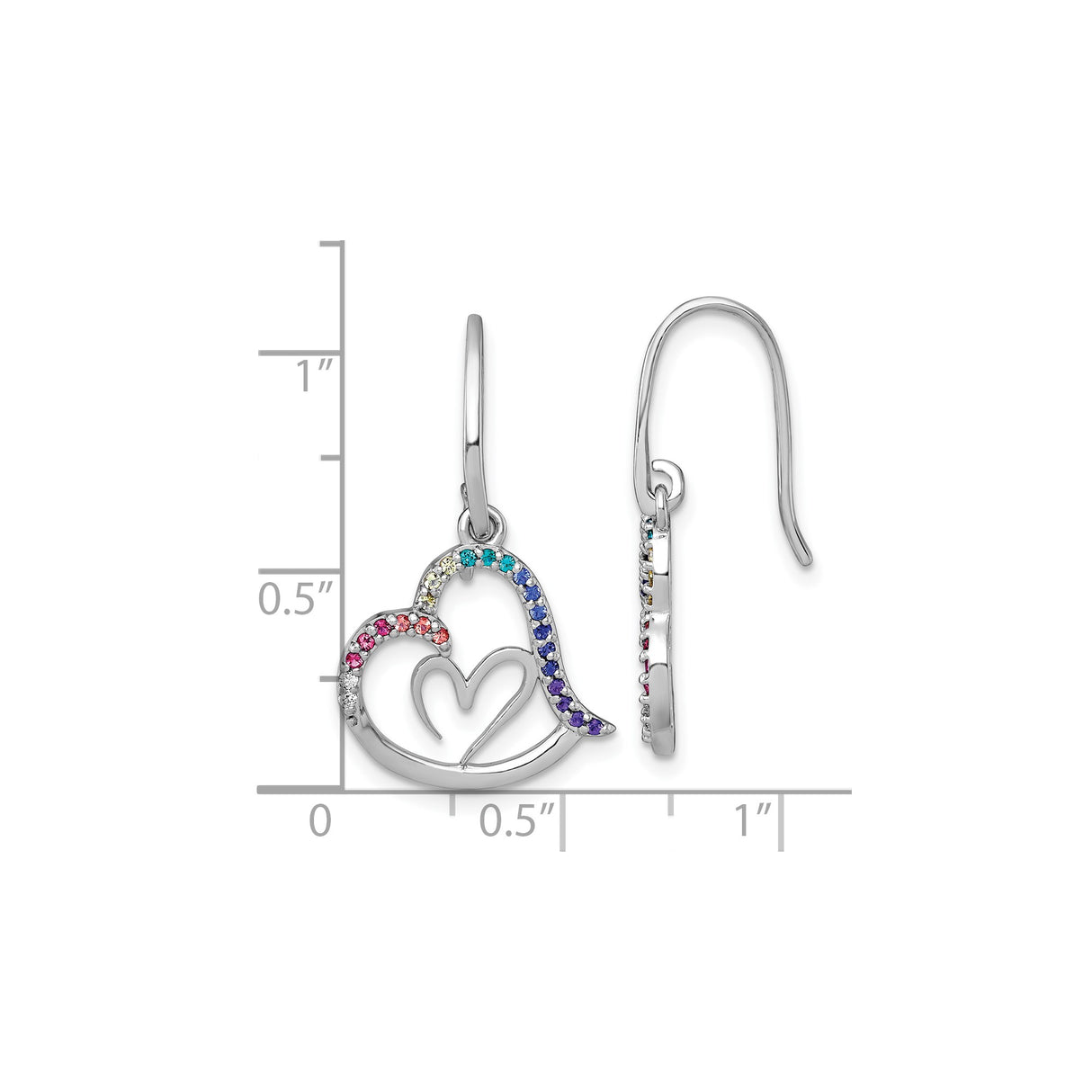 Sterling Silver Heart Shaped Dangle Earrings with Rainbow Cubic Zirconia Accents