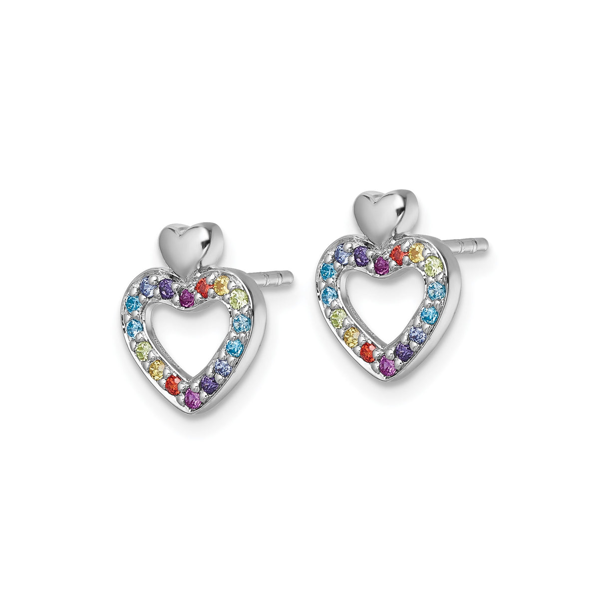 Sterling Silver Open Heart Stud Earrings with Multicolor Cubic Zirconia for Women