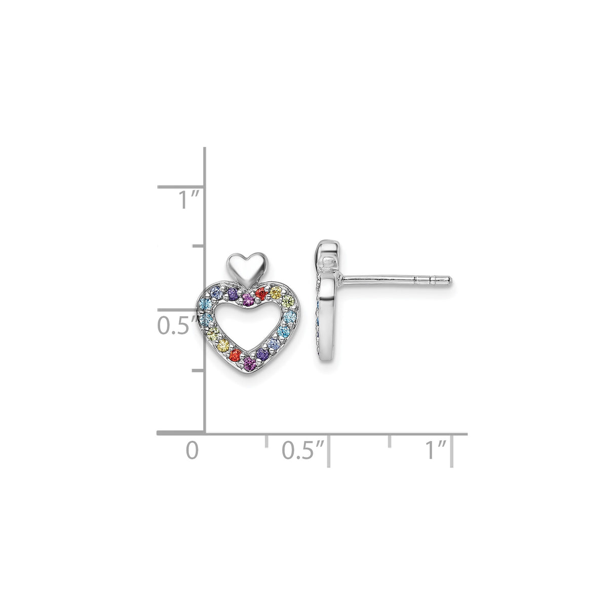 Sterling Silver Open Heart Stud Earrings with Multicolor Cubic Zirconia for Women