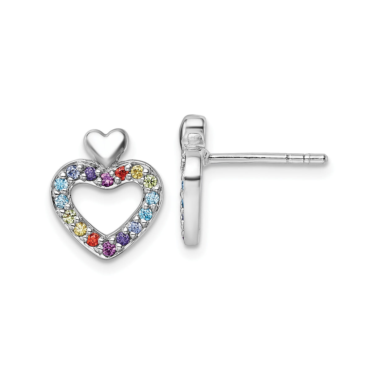 Sterling Silver Open Heart Stud Earrings with Multicolor Cubic Zirconia for Women