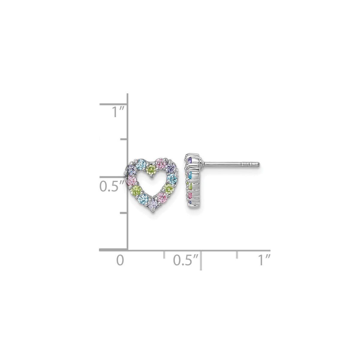 Sterling Silver Open Heart Stud Earrings with Multicolor Cubic Zirconia