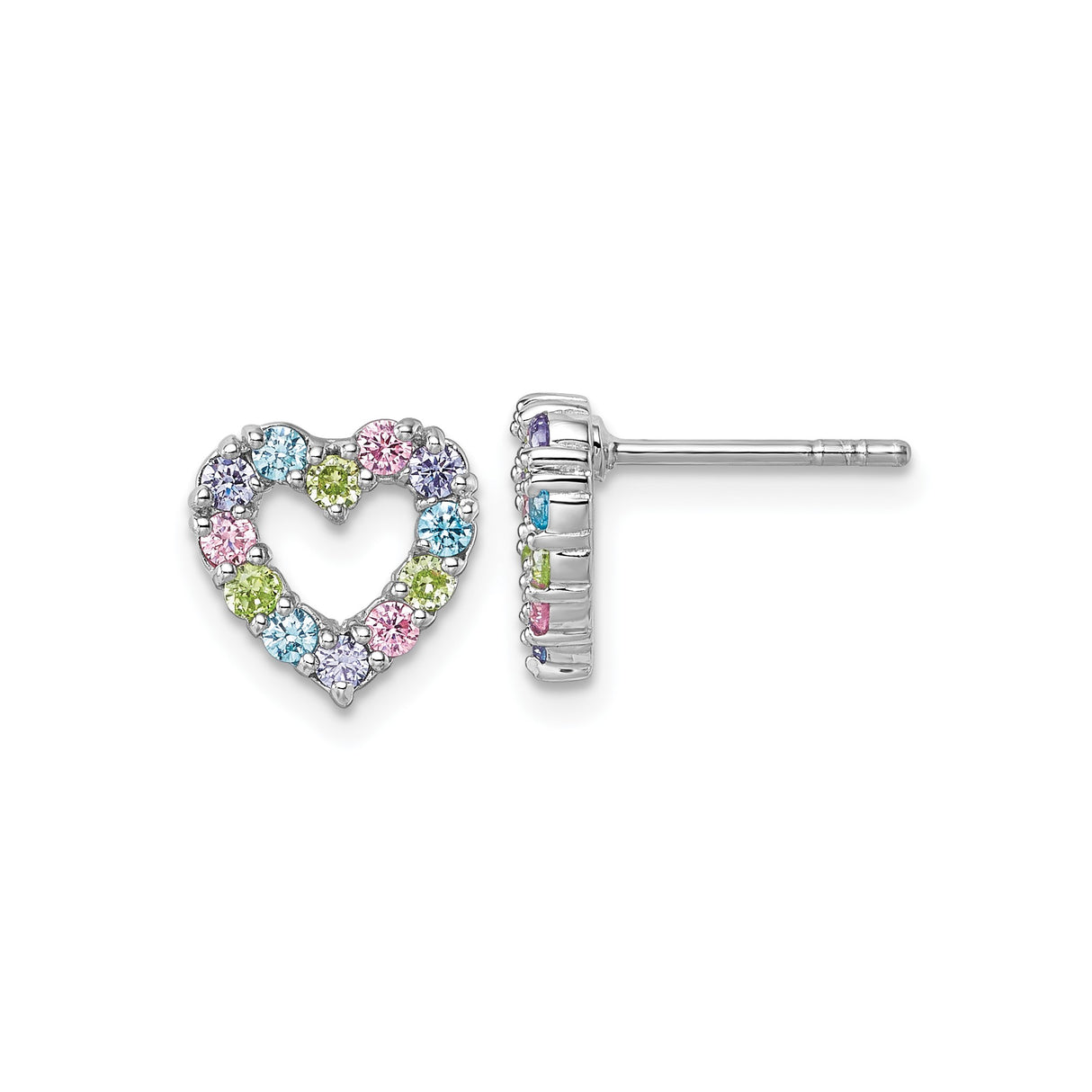 Sterling Silver Open Heart Stud Earrings with Multicolor Cubic Zirconia