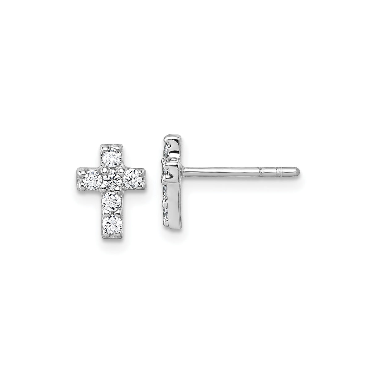 Sterling Silver Cross Stud Earrings with Cubic Zirconia, Rhodium Plated, Christian Design