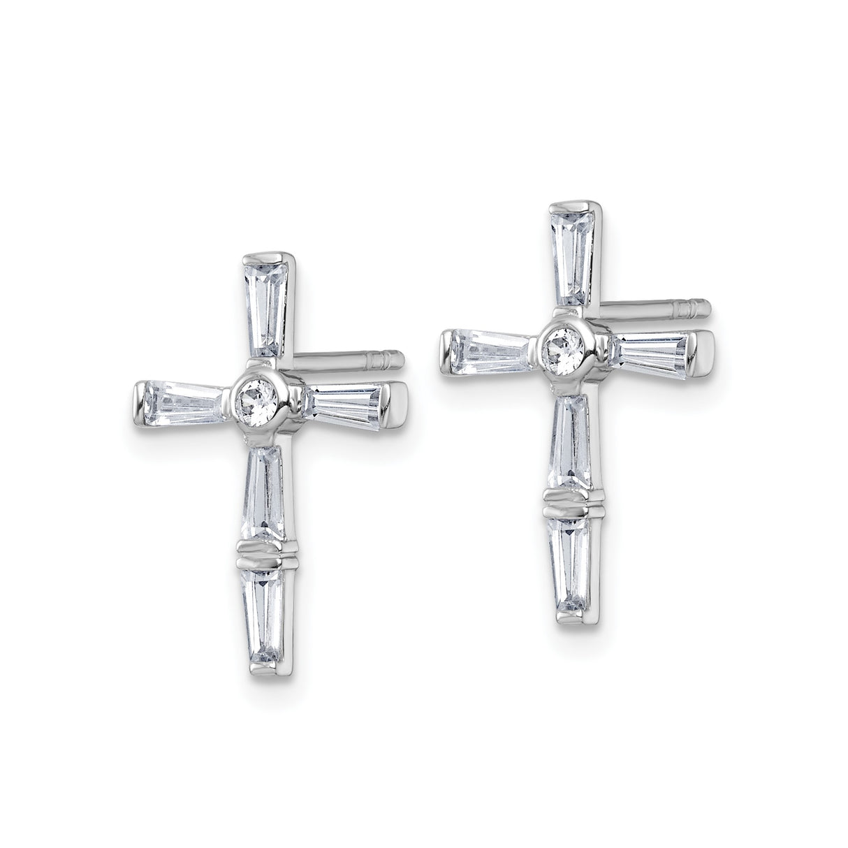 Sterling Silver Cross Stud Earrings with Baguette Accents and Cubic Zirconia Center