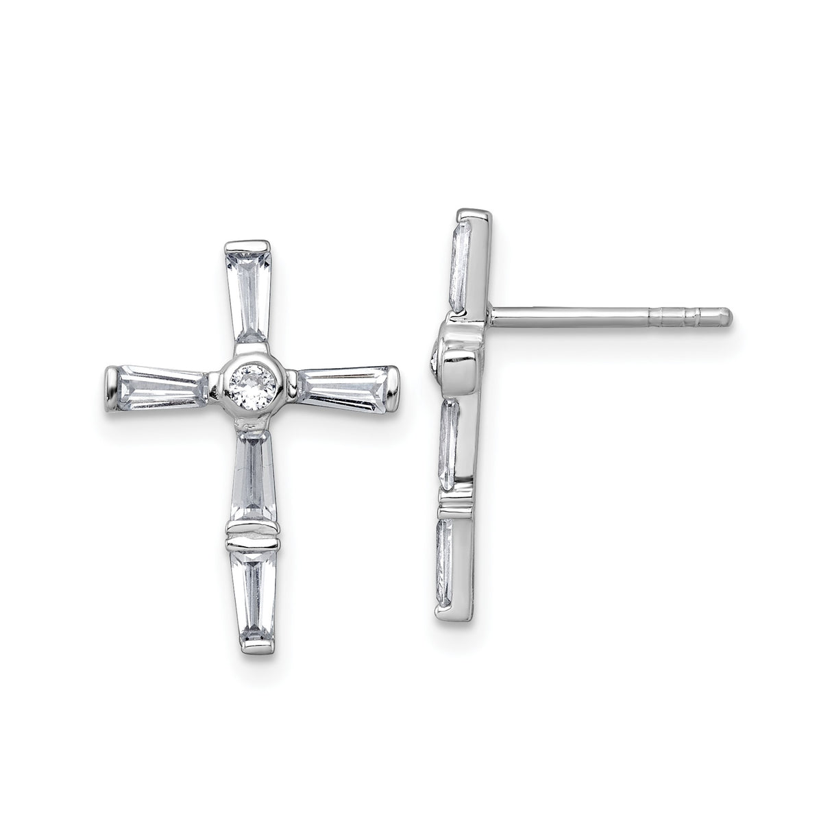Sterling Silver Cross Stud Earrings with Baguette Accents and Cubic Zirconia Center