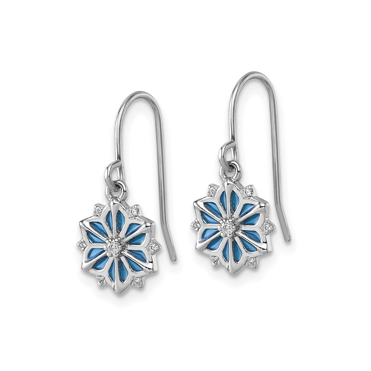 Sterling Silver Dangle Earrings with Cubic Zirconia, Blue and White Enamel Flower, Snowflake Design