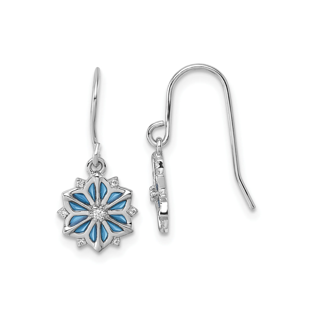Sterling Silver Dangle Earrings with Cubic Zirconia, Blue and White Enamel Flower, Snowflake Design