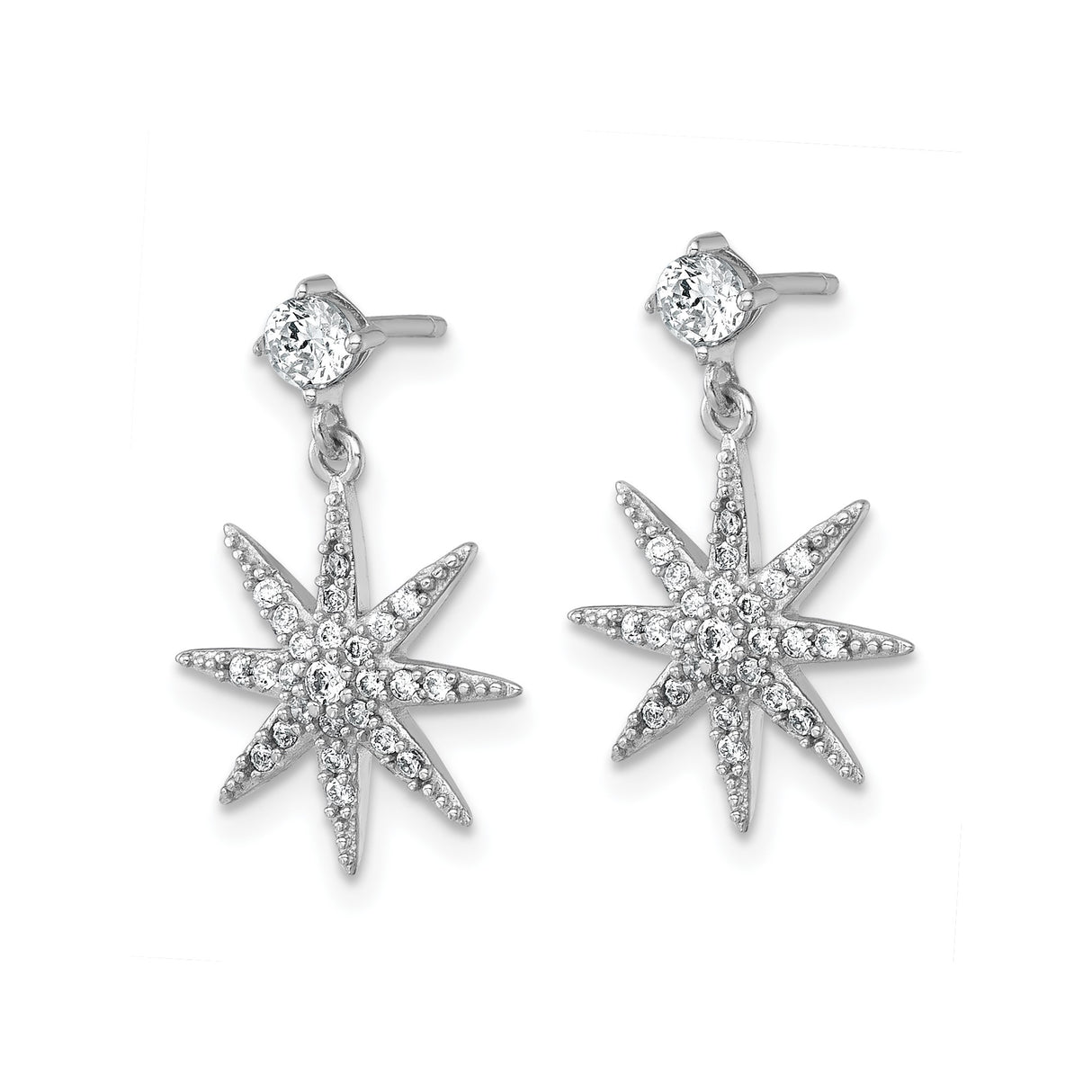 Sterling Silver Starburst Dangle Earrings with Cubic Zirconia, Celestial North Star Design