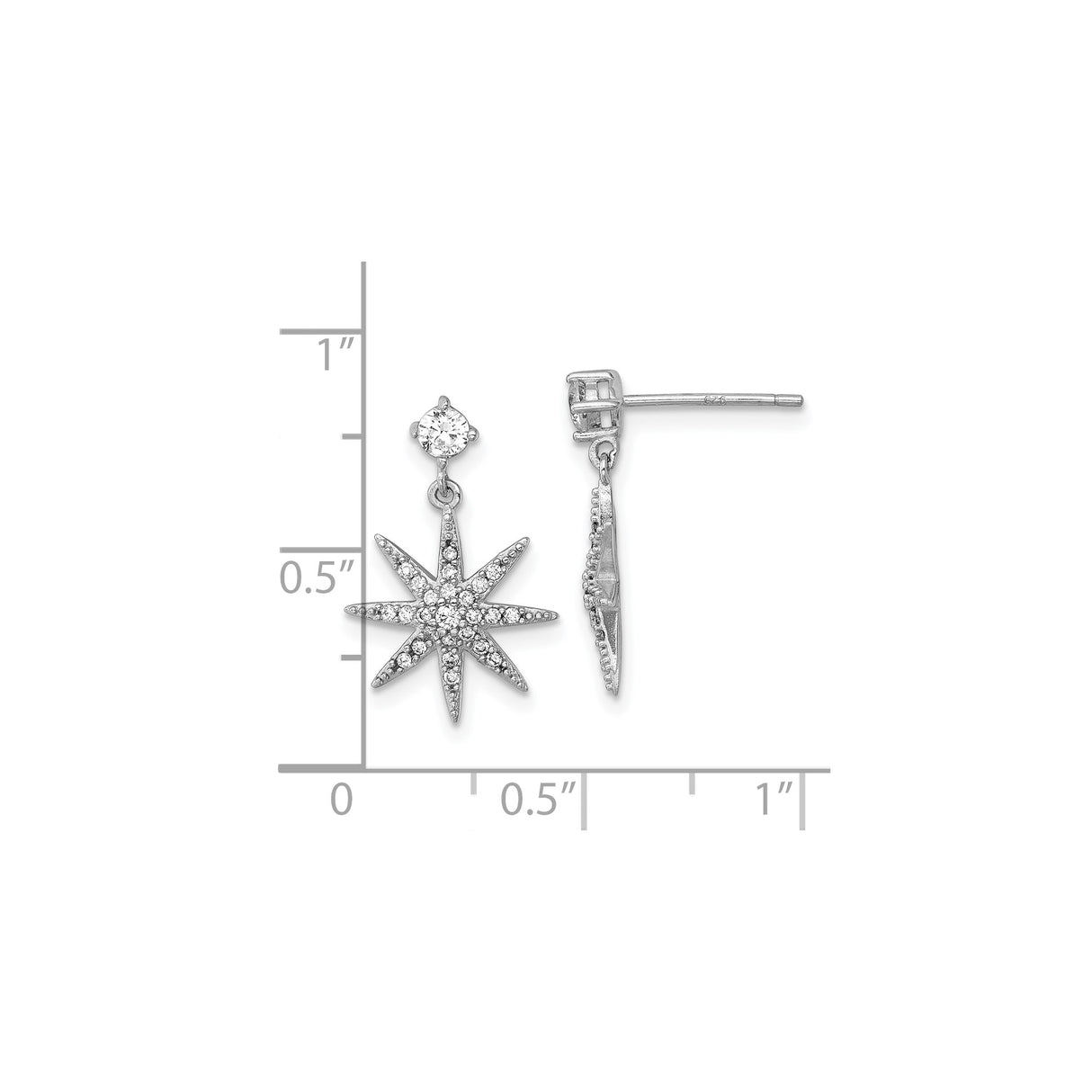 Sterling Silver Starburst Dangle Earrings with Cubic Zirconia, Celestial North Star Design