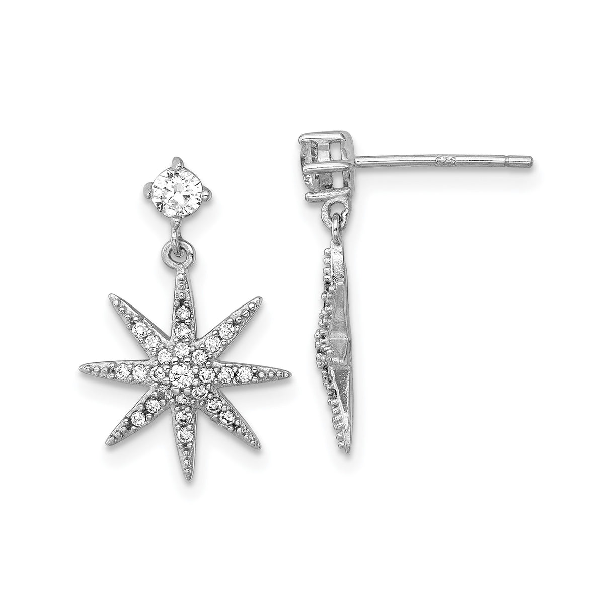Sterling Silver Starburst Dangle Earrings with Cubic Zirconia, Celestial North Star Design