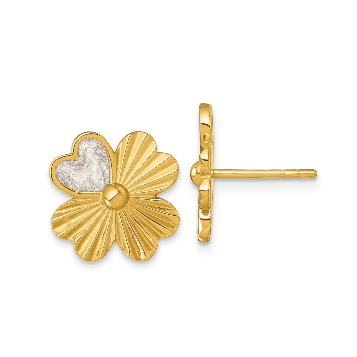 Sterling Silver Clover Stud Earrings with Heart Petal Design and Enamel Detail