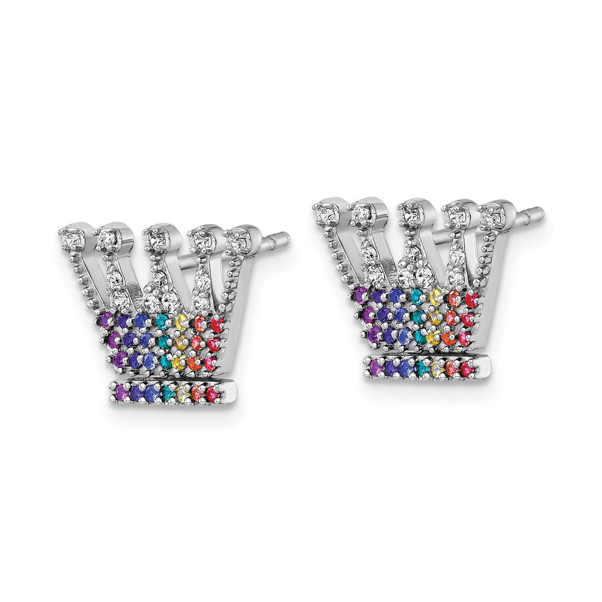 Sterling Silver Crown Stud Earrings with Rainbow Cubic Zirconia, Pride and Empowerment Jewelry
