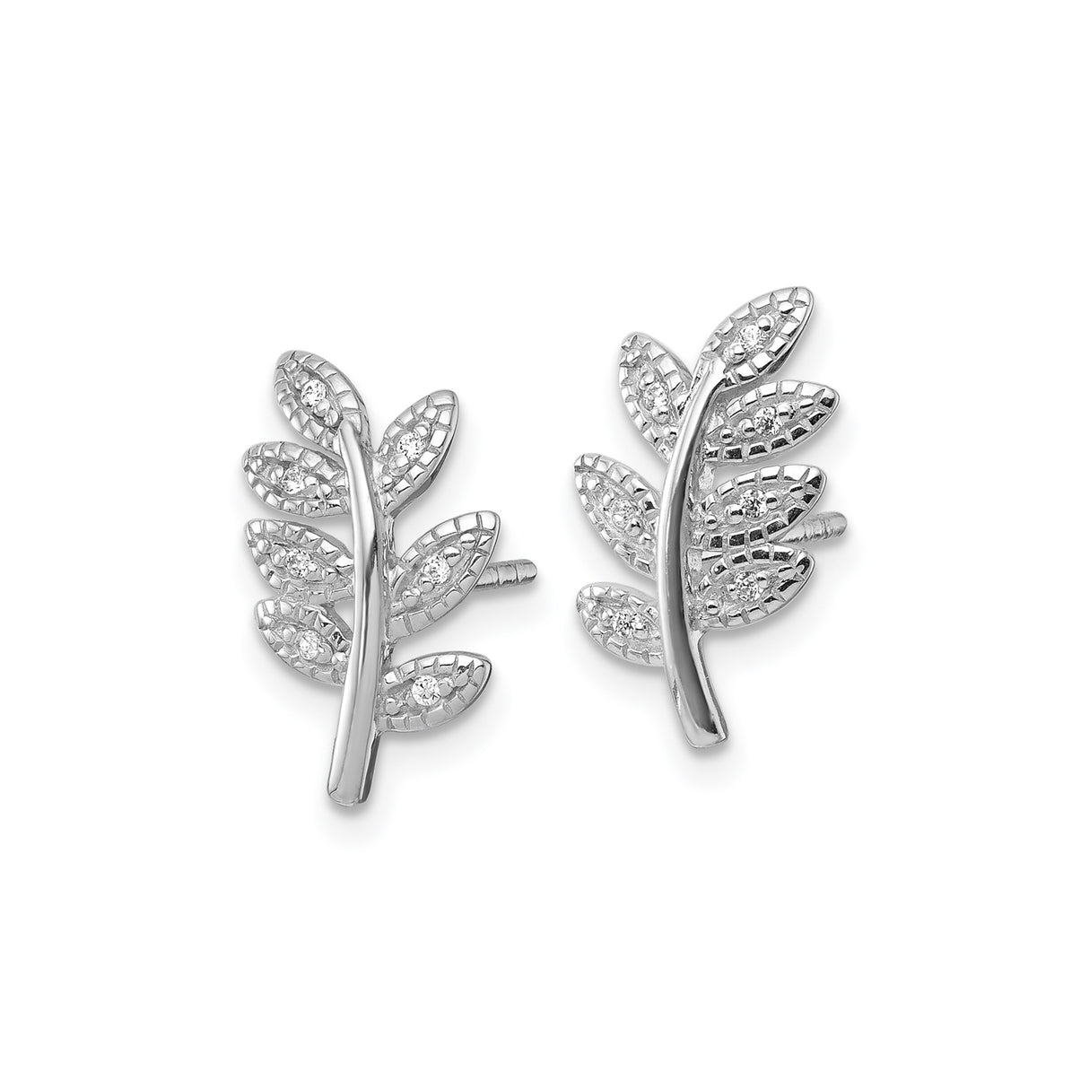 Sterling Silver Leaf Stud Earrings with Cubic Zirconia, Botanical Branch Design for Women