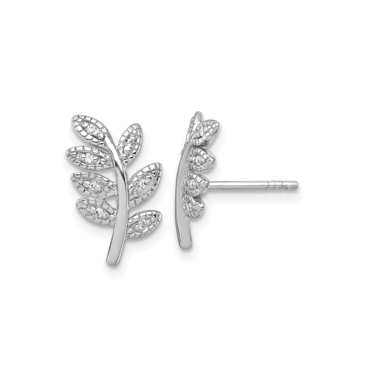 Sterling Silver Leaf Stud Earrings with Cubic Zirconia, Botanical Branch Design for Women