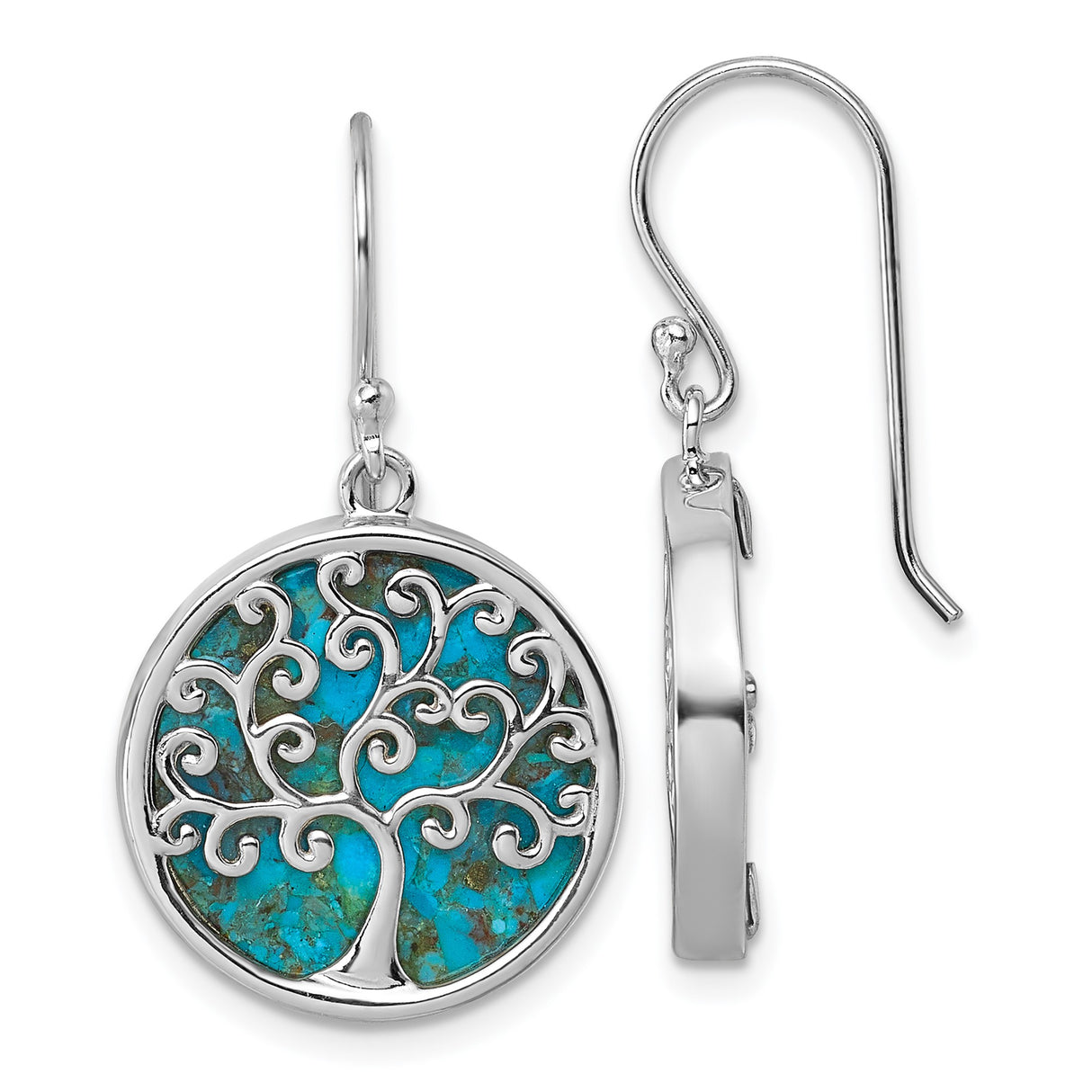 Sterling Silver Tree of Life Dangle Earrings with Reconstructed Turquoise, Boho Nature-Inspired Design