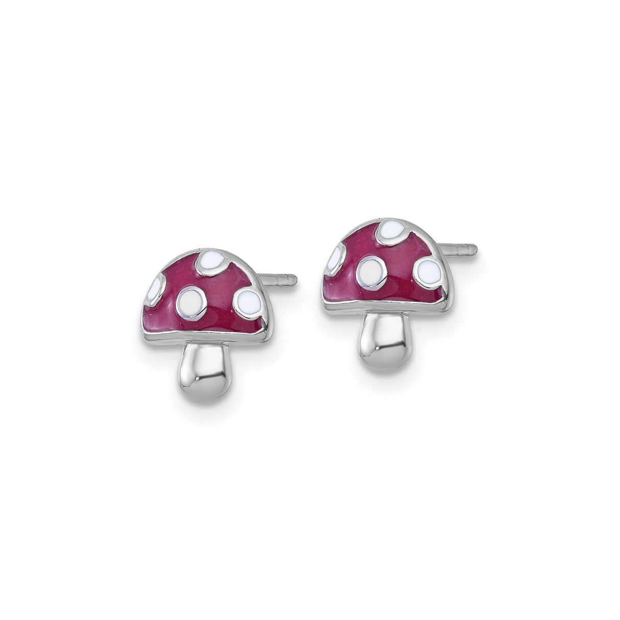 Sterling Silver Stud Earrings with Red and White Polka Dot Enamel Mushroom Design