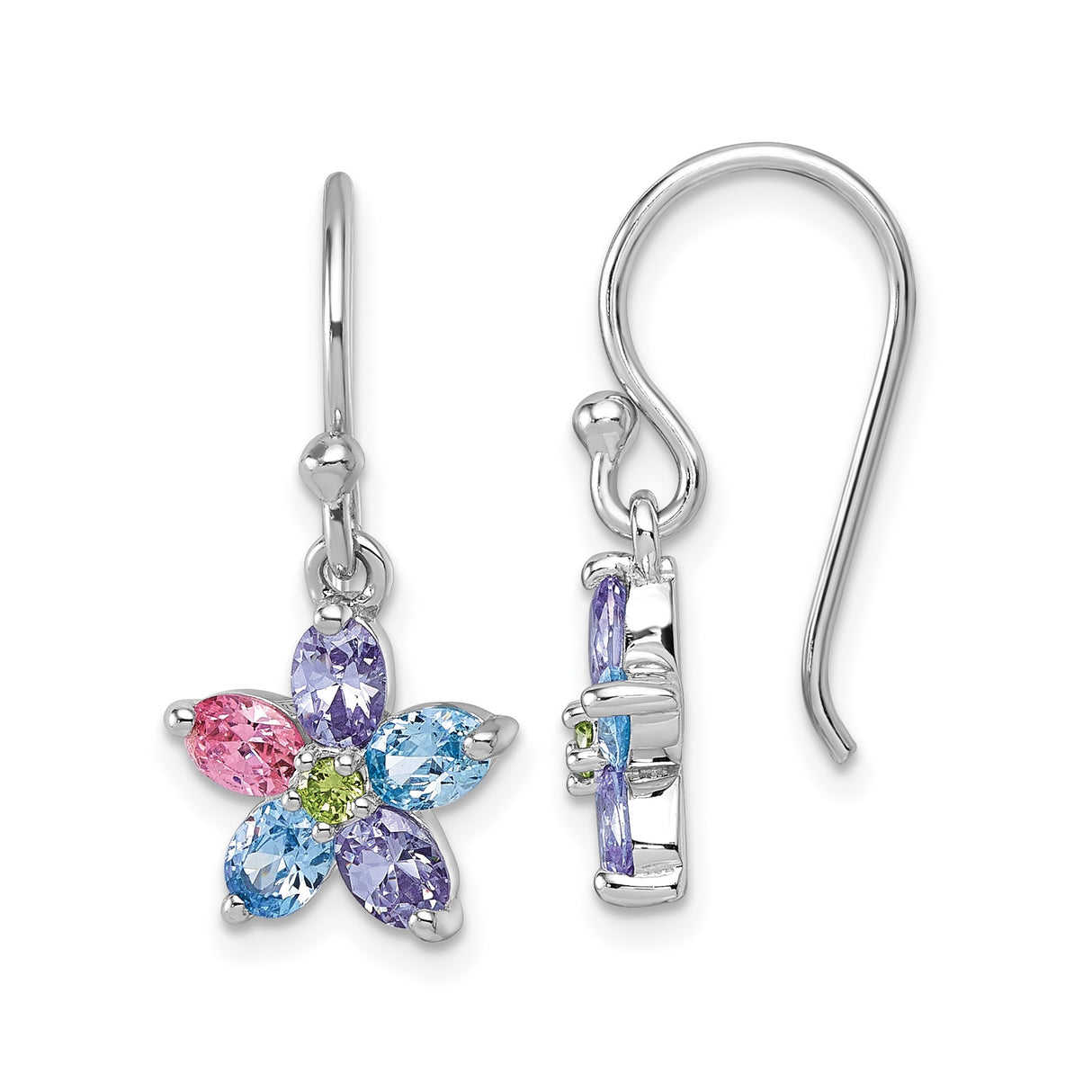 Sterling Silver Floral Dangle Earrings with Marquise Cut Cubic Zirconia Stones