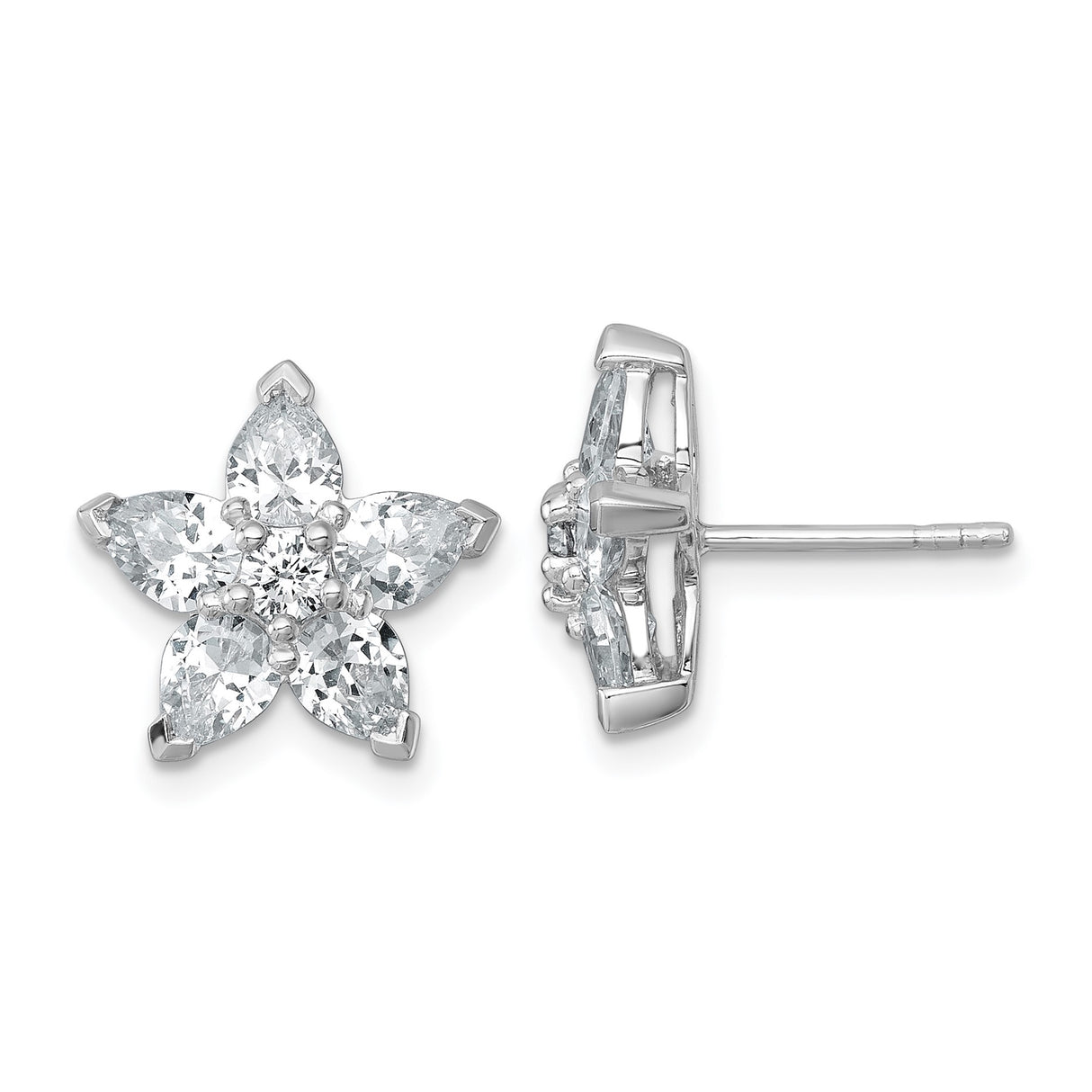 Sterling Silver Flower Stud Earrings with Marquise and Round Cubic Zirconia