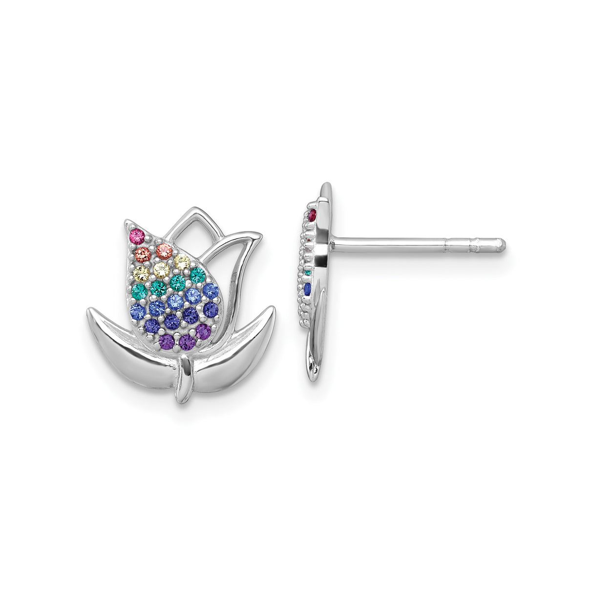 Sterling Silver Lotus Flower Stud Earrings with Multicolored Cubic Zirconia Stones