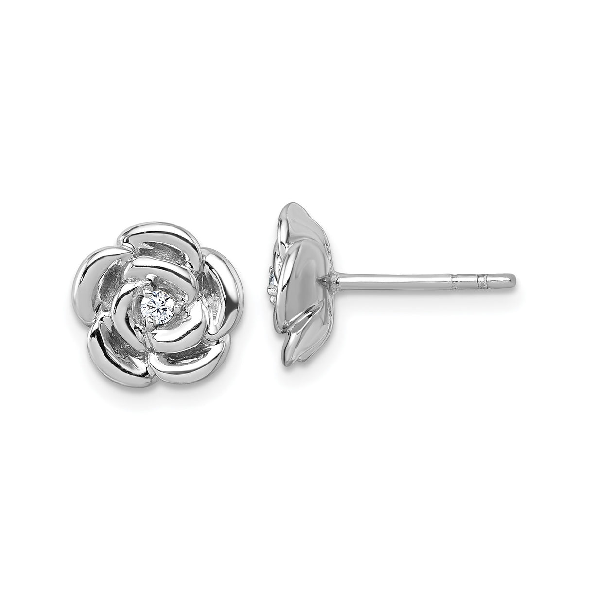 Sterling Silver Rose Flower Stud Earrings with Cubic Zirconia Center Stone