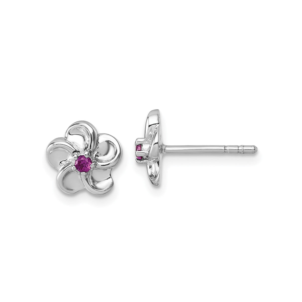 Sterling Silver Flower Stud Earrings with Pink Cubic Zirconia Center, Rhodium Plated Floral Design