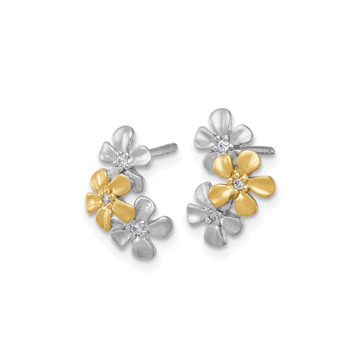 Sterling Silver Floral Stud Earrings with Cubic Zirconia, Three-Flower Botanical Design