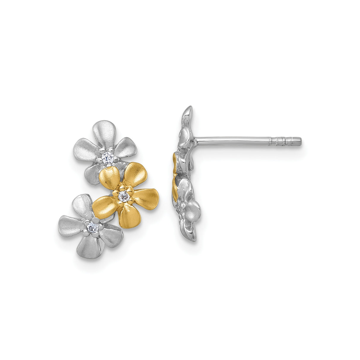 Sterling Silver Floral Stud Earrings with Cubic Zirconia, Three-Flower Botanical Design