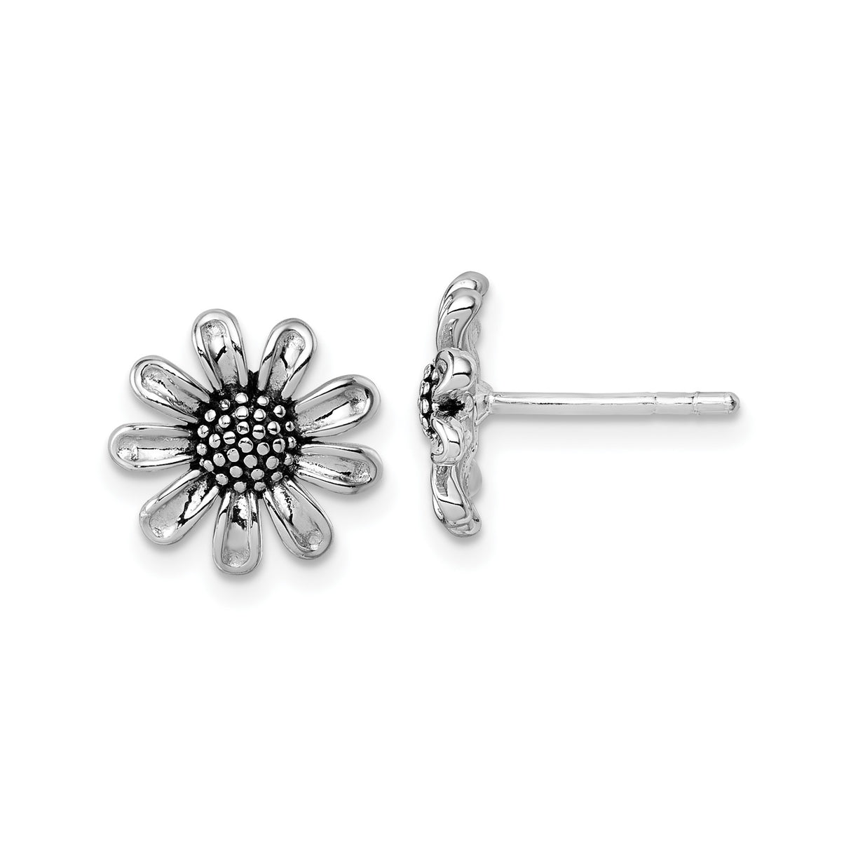 Sterling Silver Daisy Stud Earrings with Textured Petals and Dotted Center