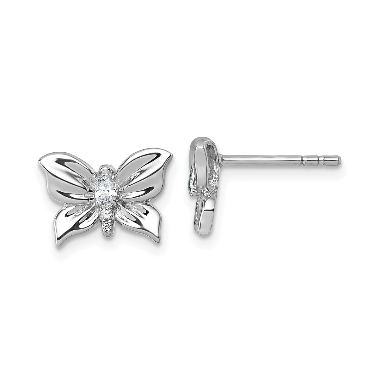 Sterling Silver Butterfly Stud Earrings with Cubic Zirconia, Polished Finish, Nature-Inspired Design