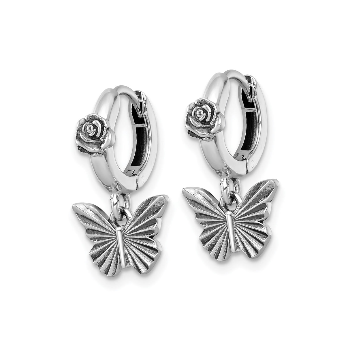 Sterling Silver Butterfly Hoop Earrings with Rose Motif and Textured Floral Design