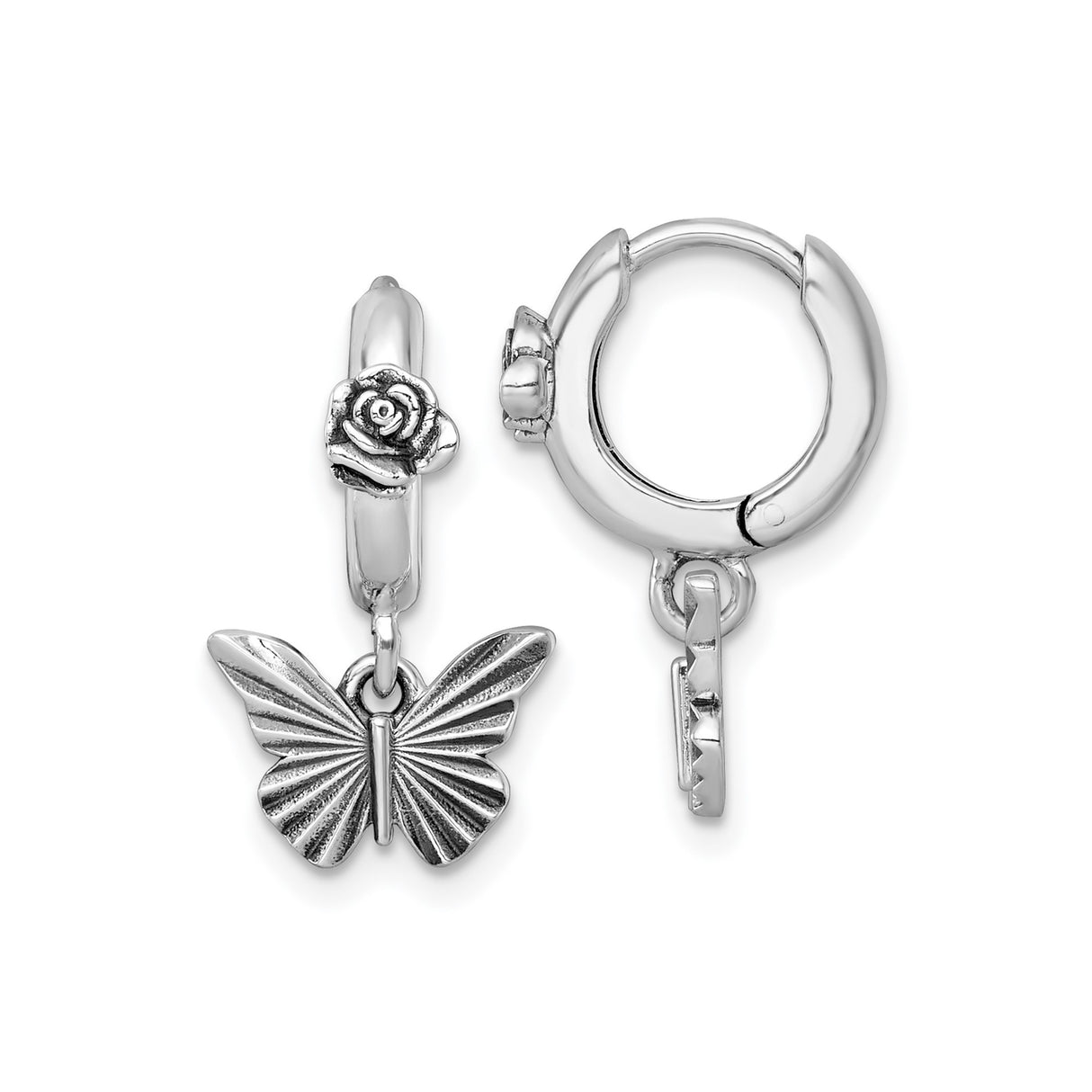 Sterling Silver Butterfly Hoop Earrings with Rose Motif and Textured Floral Design