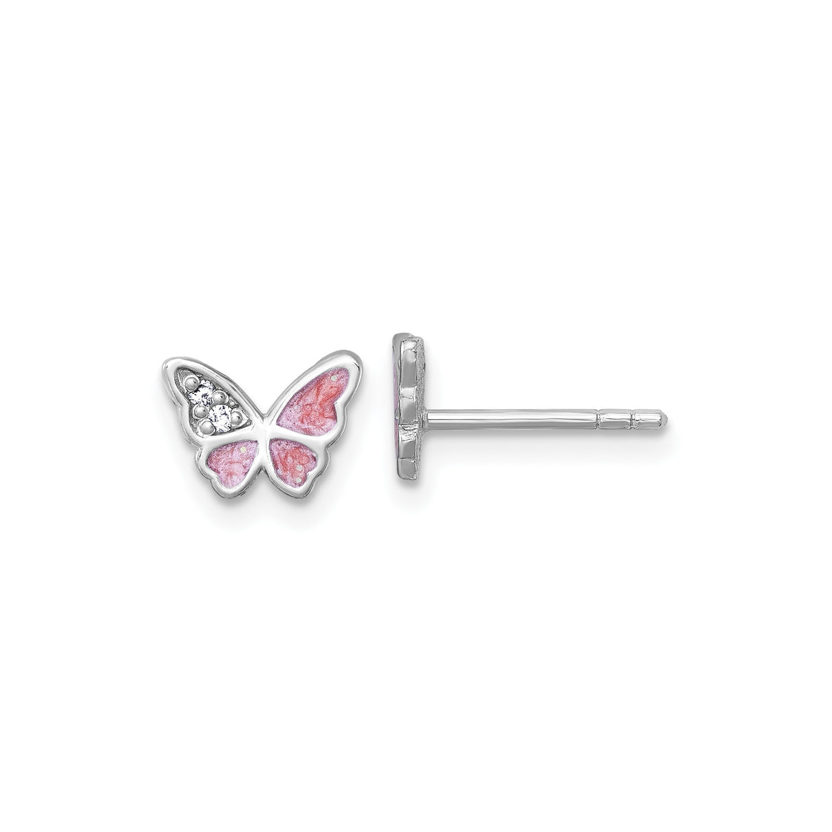 Sterling Silver Butterfly Stud Earrings with Pink Enamel and Cubic Zirconia Accents