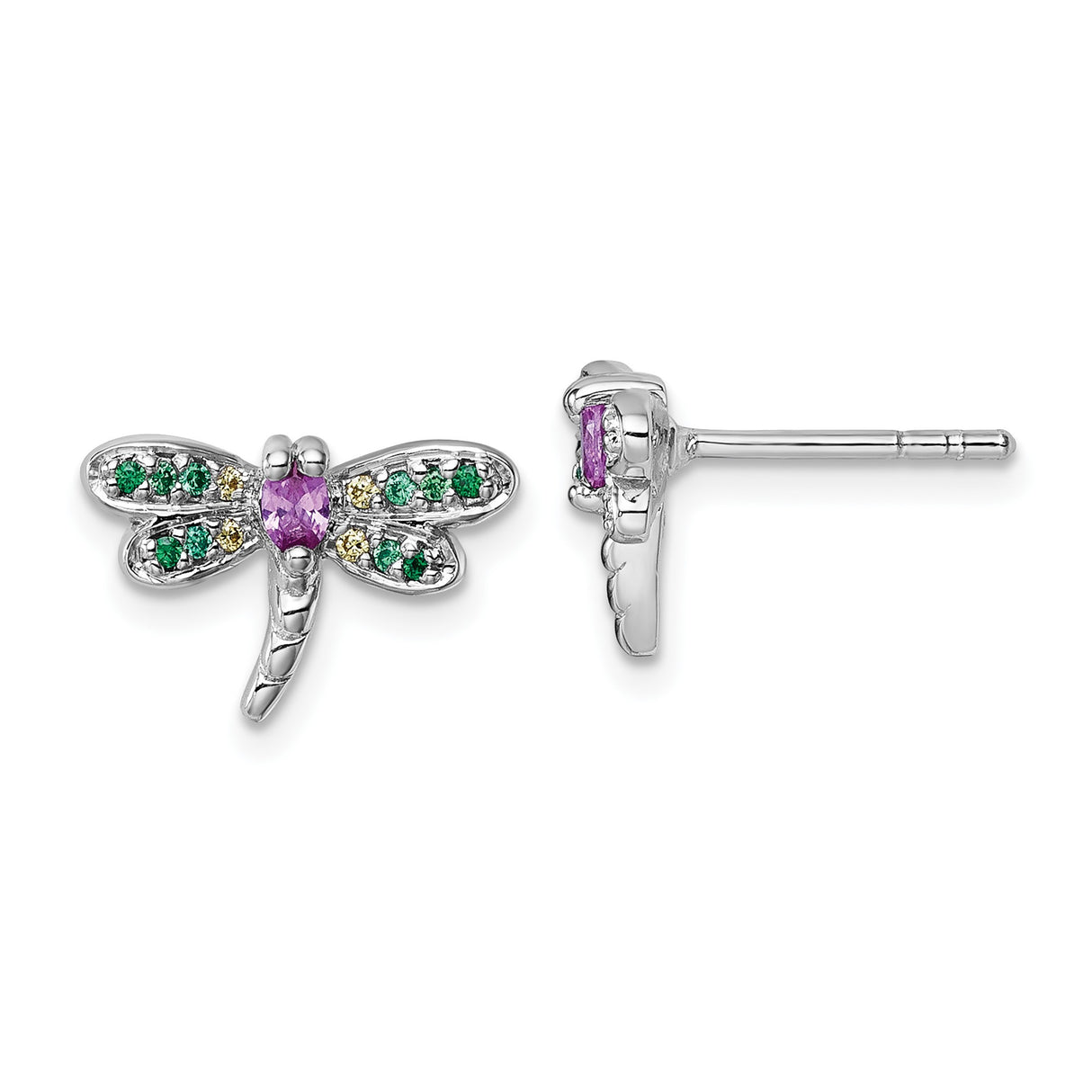Sterling Silver Dragonfly Stud Earrings with Cubic Zirconia, Nature-Inspired Insect Jewelry