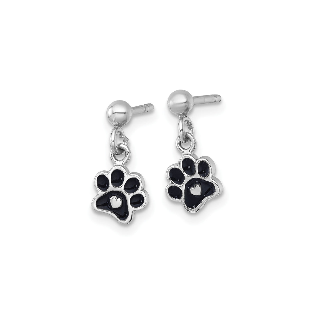 Sterling Silver Dangle Earrings with Black Enamel Paw Print and Heart Charm