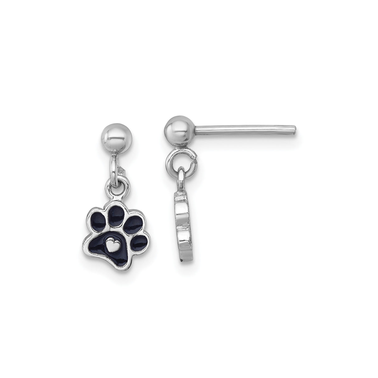 Sterling Silver Dangle Earrings with Black Enamel Paw Print and Heart Charm
