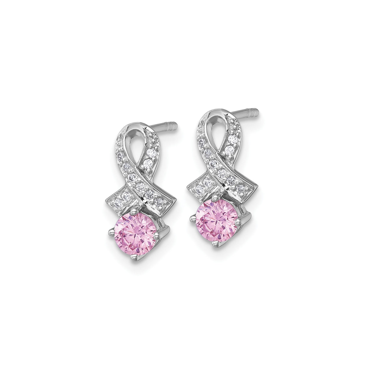 Sterling Silver Ribbon Stud Earrings with Pink Cubic Zirconia Center and Clear Accents