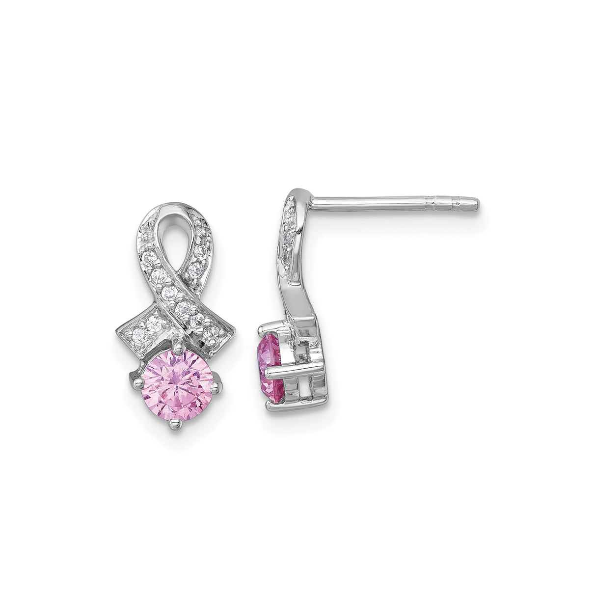 Sterling Silver Ribbon Stud Earrings with Pink Cubic Zirconia Center and Clear Accents