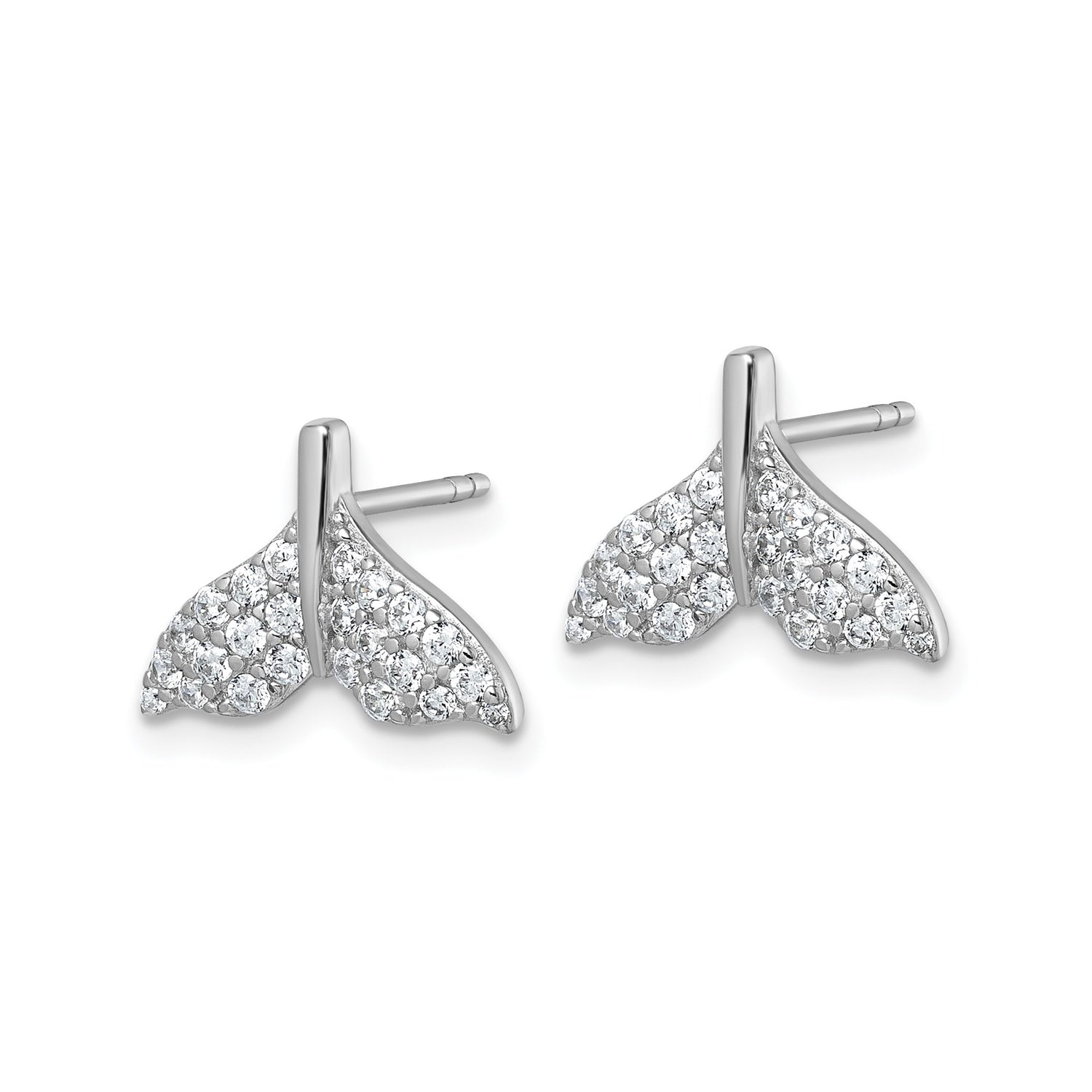 Sterling Silver Whale Tail Earrings with Cubic Zirconia, Nautical Ocean Theme Studs for Women