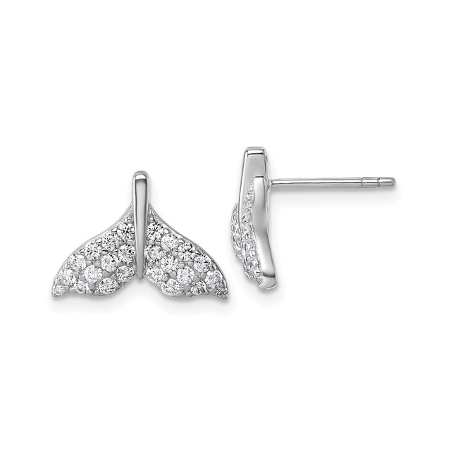 Sterling Silver Whale Tail Earrings with Cubic Zirconia, Nautical Ocean Theme Studs for Women