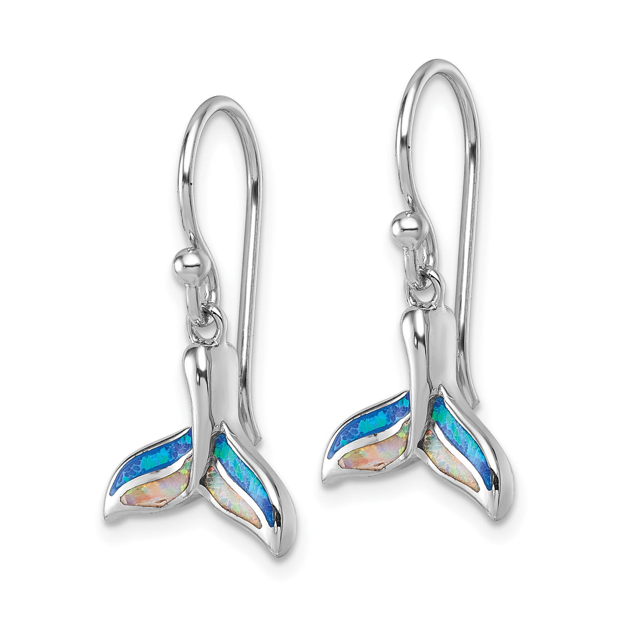 Sterling Silver Whale Tail Dangle Earrings with Created Opal Inlay, Nautical Ocean Theme