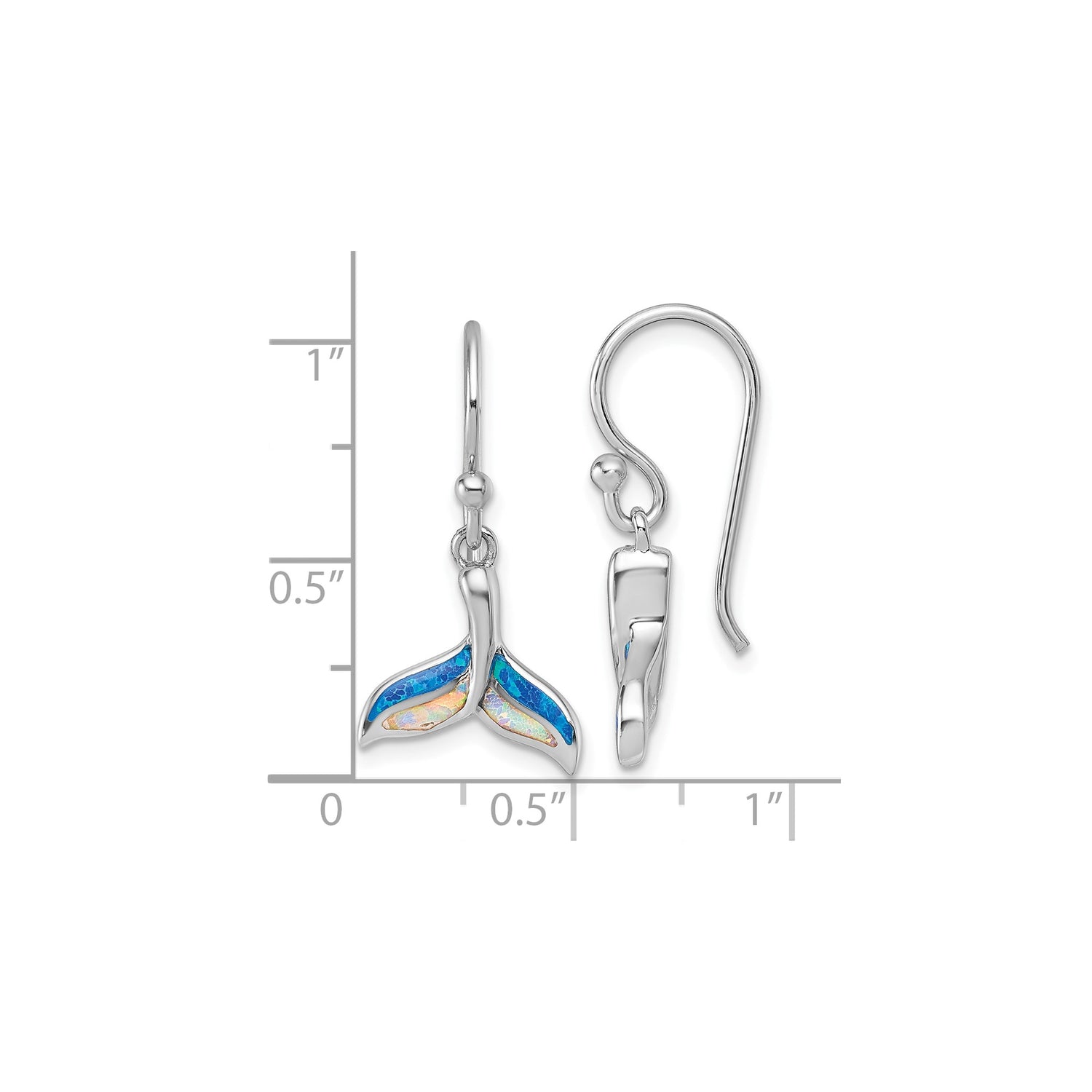 Sterling Silver Whale Tail Dangle Earrings with Created Opal Inlay, Nautical Ocean Theme