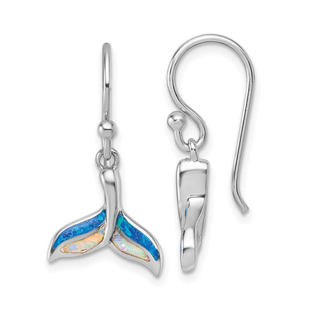 Sterling Silver Whale Tail Dangle Earrings with Created Opal Inlay, Nautical Ocean Theme