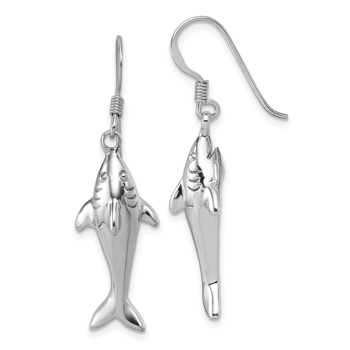 Sterling Silver Shark Dangle Earrings with 3D Great White Design, Nautical Ocean Theme
