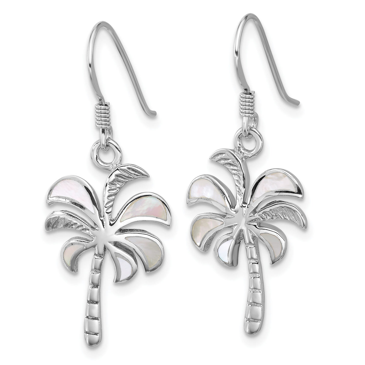 Sterling Silver Drop Earrings with Mother of Pearl Inlay, Palm Tree Design, Tropical Style
