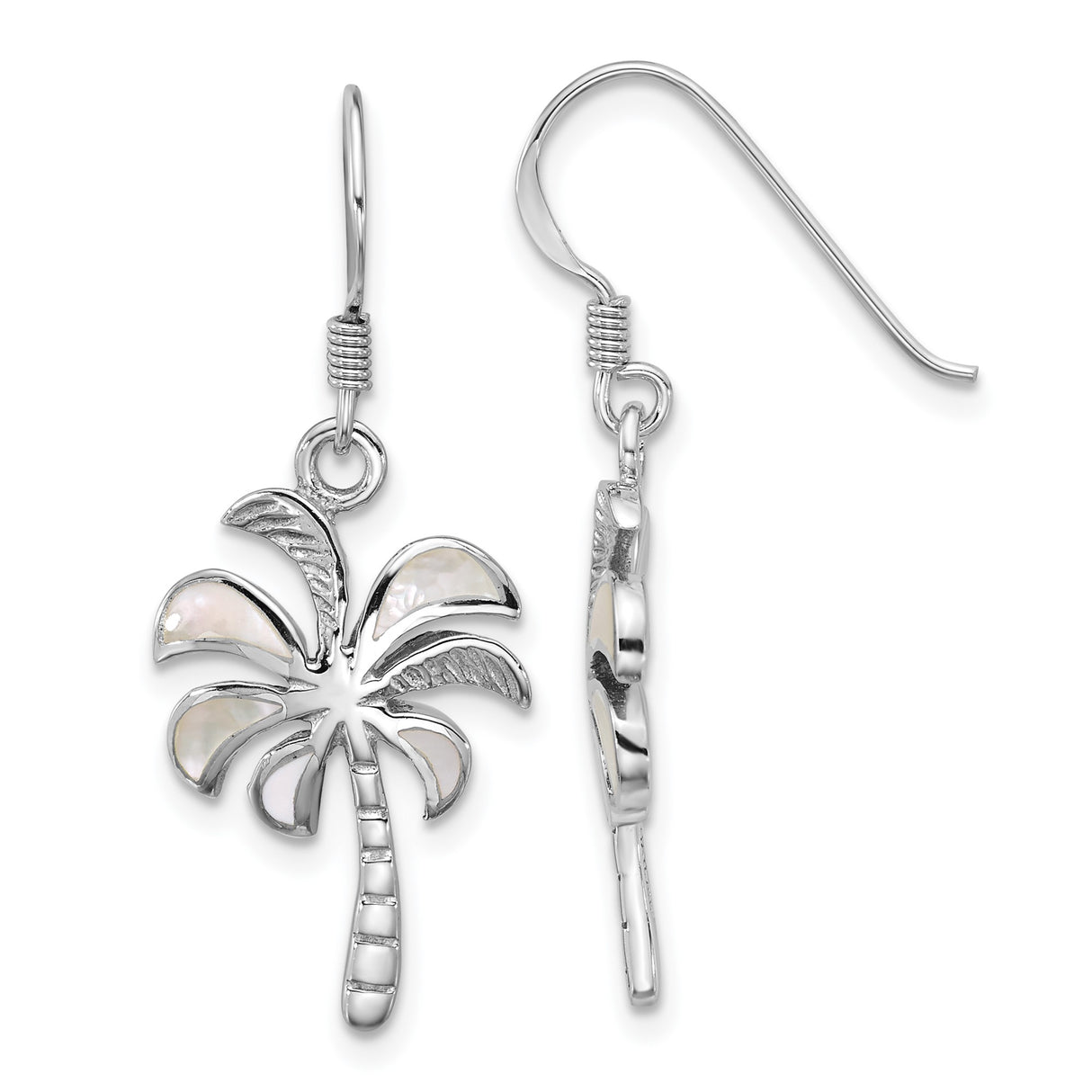 Sterling Silver Drop Earrings with Mother of Pearl Inlay, Palm Tree Design, Tropical Style